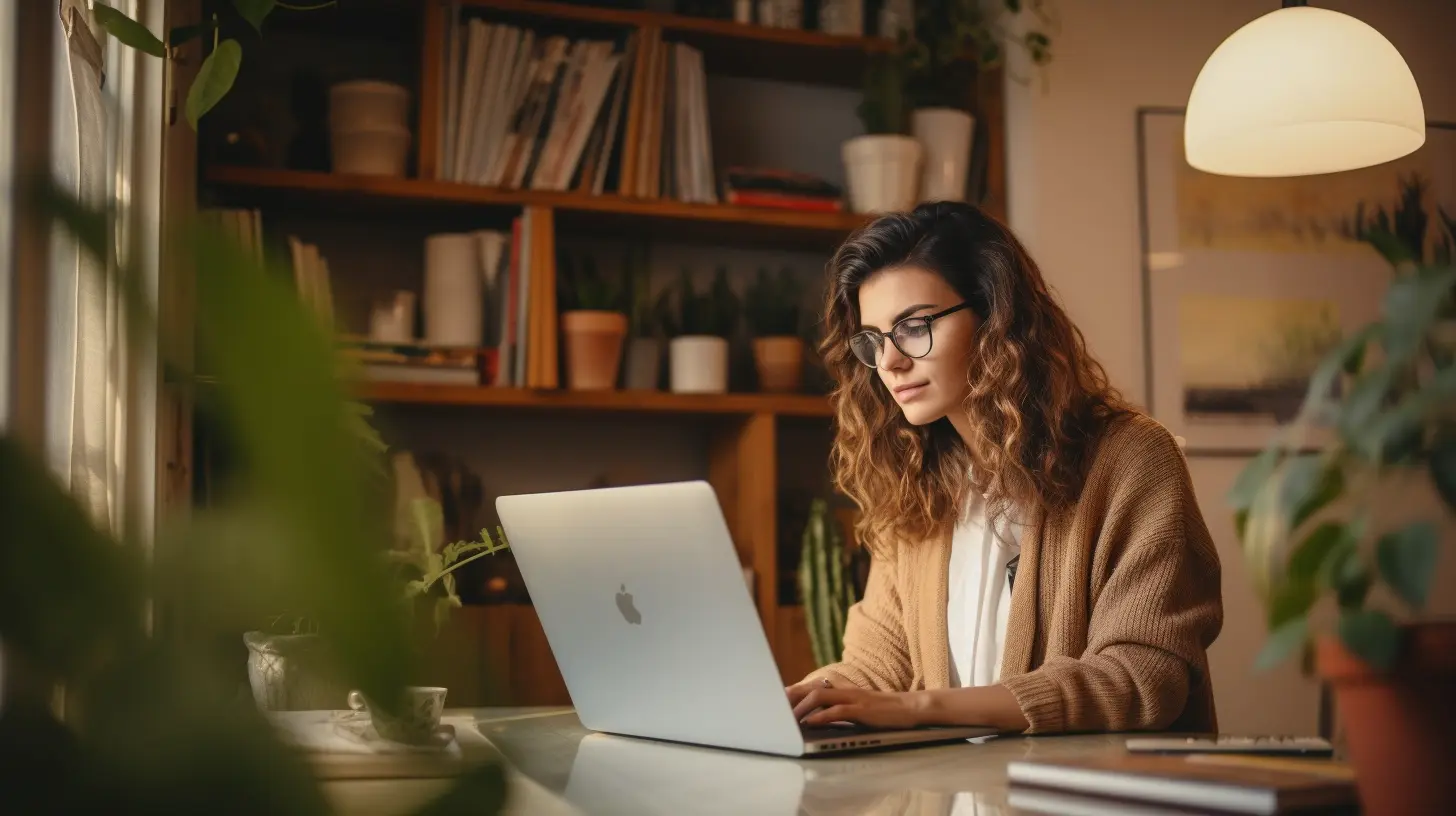 A young woman in glasses sitting in front of her laptop