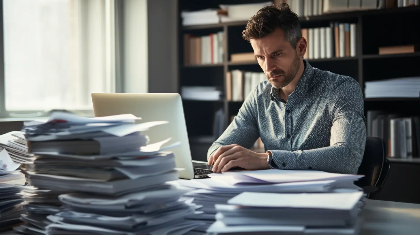 man sitting at a desk with a large stack of papers in front of him