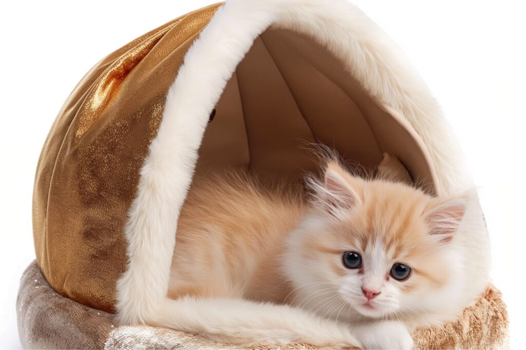 A fluffy kitten relaxing in a luxurious, gold-toned pet bed with a plush, fur-lined interior