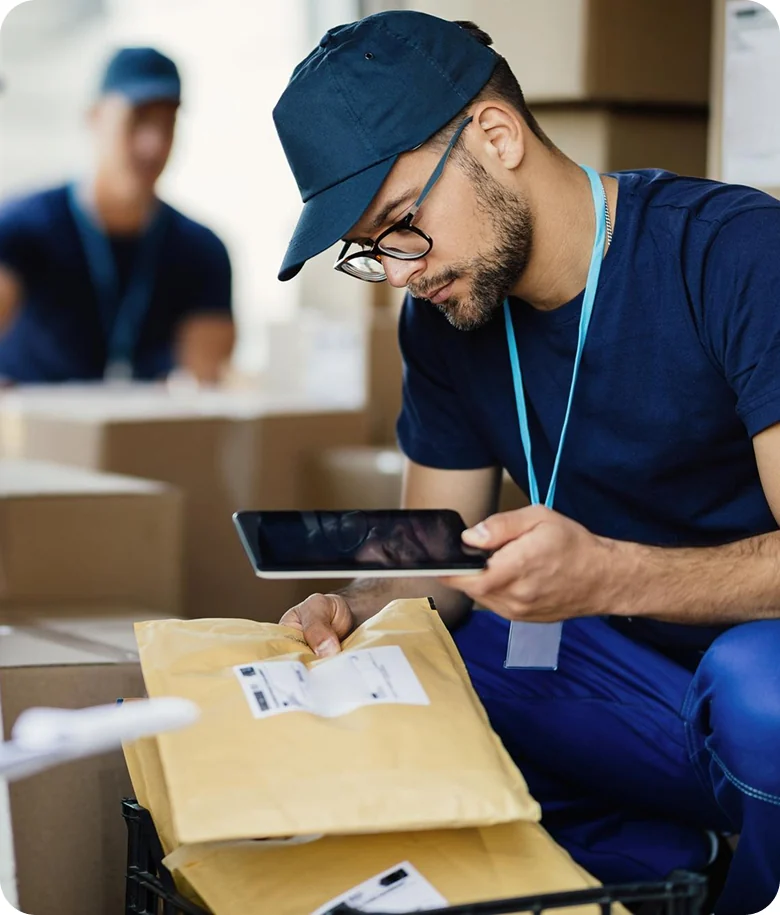 Warehouse worker verifying a shipping label before dispatch